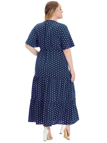 GIBSIE Plus Size Women's V Neck Polka Dot Short-sleeved Dress 2024 Vacation Beach Casual Ruffle Hem A-line Summer Maxi Dresses