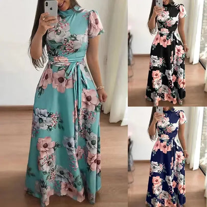 Women's Summer Long Super Long Dress 2023 Casual Short Sleeve Flower Print Dresses Casual High Collar Bandage Vestidos S-5XL