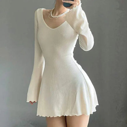 Knitting Elegant Dress For Women Spring Fall Solid Color V Neck Office Lady Irregular Hem Simple Basic Slim Dresses