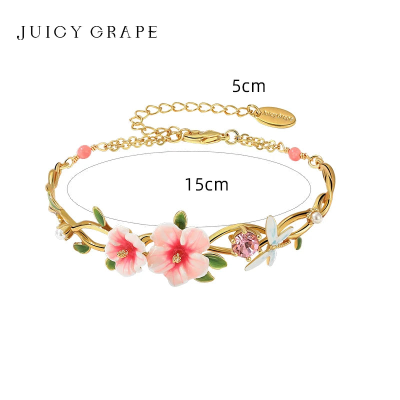 Juicy Grape 2023New Exquisite Floral Bracelet Hibiscus Dragonfly Bracelet 18K Gold Plated Enameled Craft Adjustable Chain Design