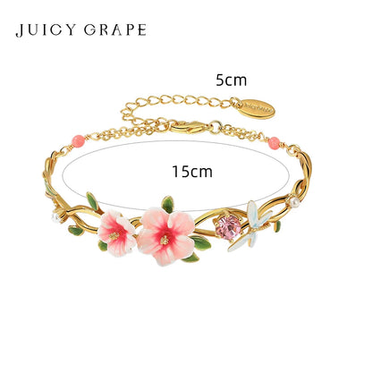 Juicy Grape 2023New Exquisite Floral Bracelet Hibiscus Dragonfly Bracelet 18K Gold Plated Enameled Craft Adjustable Chain Design