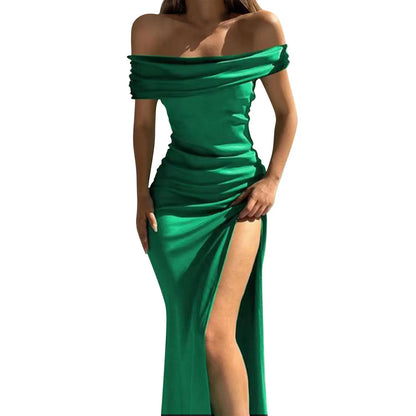 Women's Formal Dresses Fashion Solid Color Off Shoulder Satin Slim Side Slit Midi Dress Elegant Party Evening Dress For Women