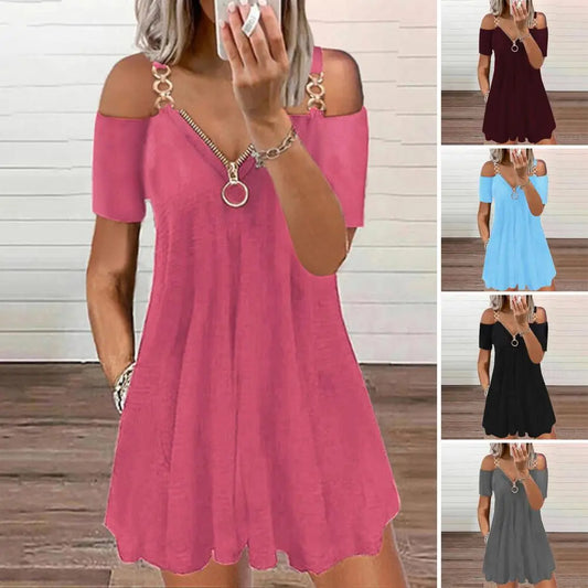 Plus Size Zipper V-Neck Short Sleeve Metal Shoulder Strap Pleated Hem A-Line Mini Dress Women Casual Cold Shoulder Swing Dress