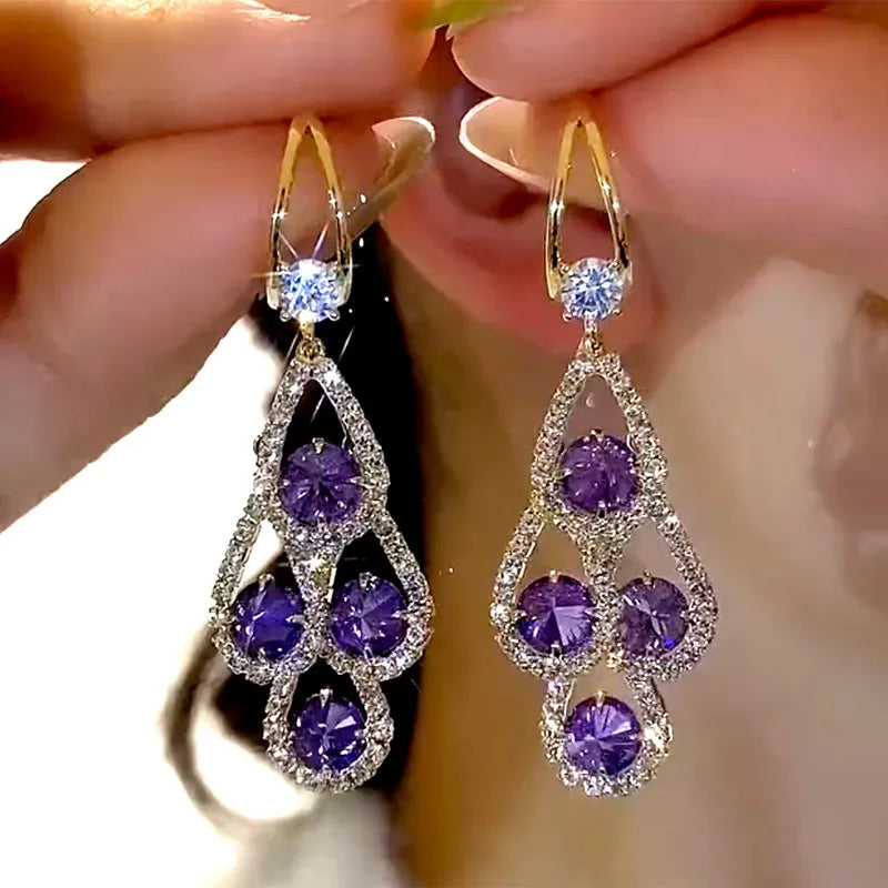 Purple Crystal Water Drop Long Tassel Earrings Women Design Sparkling Prom Accessories Party Jewelry Birthday Anniversary Gifts