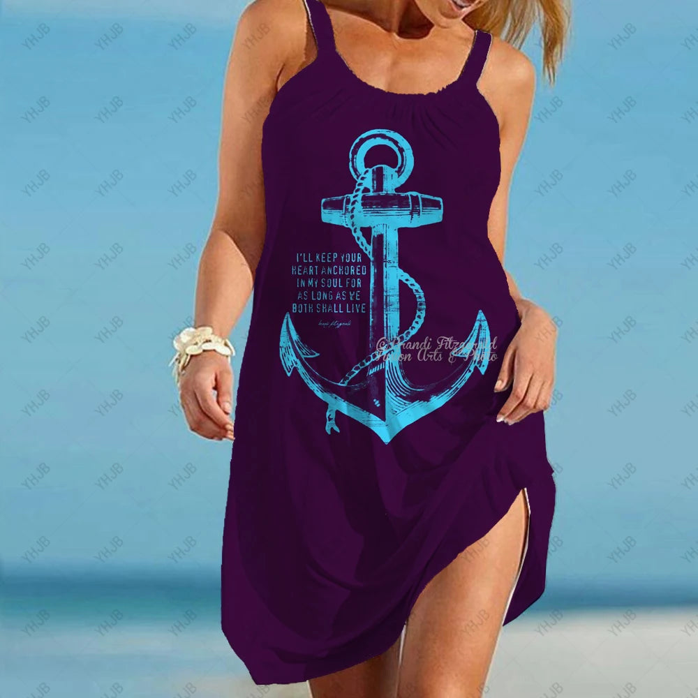 2023 Summer Women's Dress Short Beach Sea Anchor 3D Printed Party Mini Pirate Anchor Sling Dress Sleeveless Sexy Beach Dress