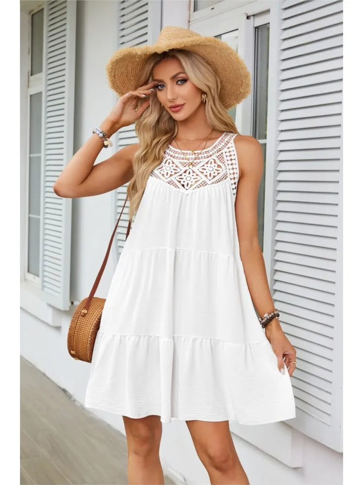 Fashion Sexy Hollow Lace Patchwork Halter Neck Women A Line Dress Summer Casual Solid Color Loose Beach Holiday Female Sundress