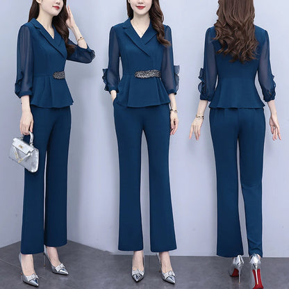 Fashion Oversize Women Pants Set For Spring Autumn 2023 New Elegant Slim Solid Turn Collar Office Lady 2 Pieces Outfits Pantsuit