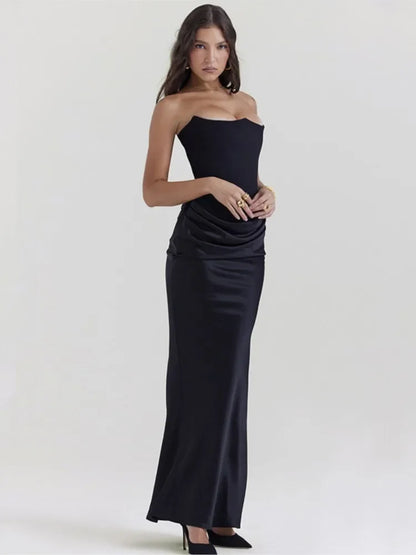 Sexy Strapless Off Shoulder Dress For Women Fashion Satin Pleated Sleeveless Backless Dresses 2024 Female Night Party Vestidos