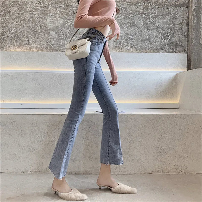 Classic High Waist Light Blue Flare Jeans For Women Elegant Slim Stretch Ankle-length Women Pants All-match Raw Edge Baggy Jeans