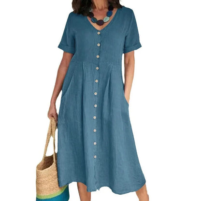 Women's Clothing Summer Casual V Neck Short Sleeve Cotton Linen Midi Dress Solid Loose High Waist Elegant Party Dresses Vestidos