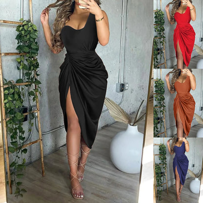 Women Sexy Dresses Summer 2023 Solid Color Sexy Sequin Slit Maxi Smocked One Shoulder Evening Dress Luxury Elegant Dresses