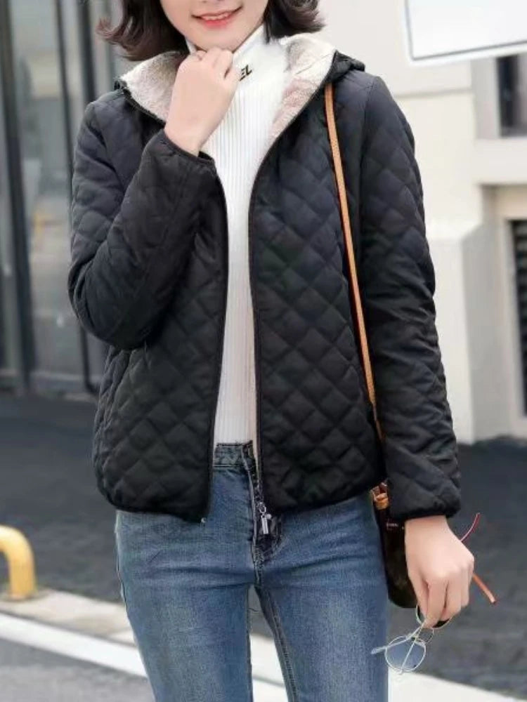 Women's Jacket Parkas Autumn Winter Korean Fashion Slim Check Hooded Binding Off Warm Cotton Clothes Oversize Women Coat Tops