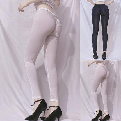 Womens Ice Silk Sexy Pleated See Through Leggings High Elastic Sheer Thin Skinny Yoga Pants Trousers Female Yoga Pants Leggings