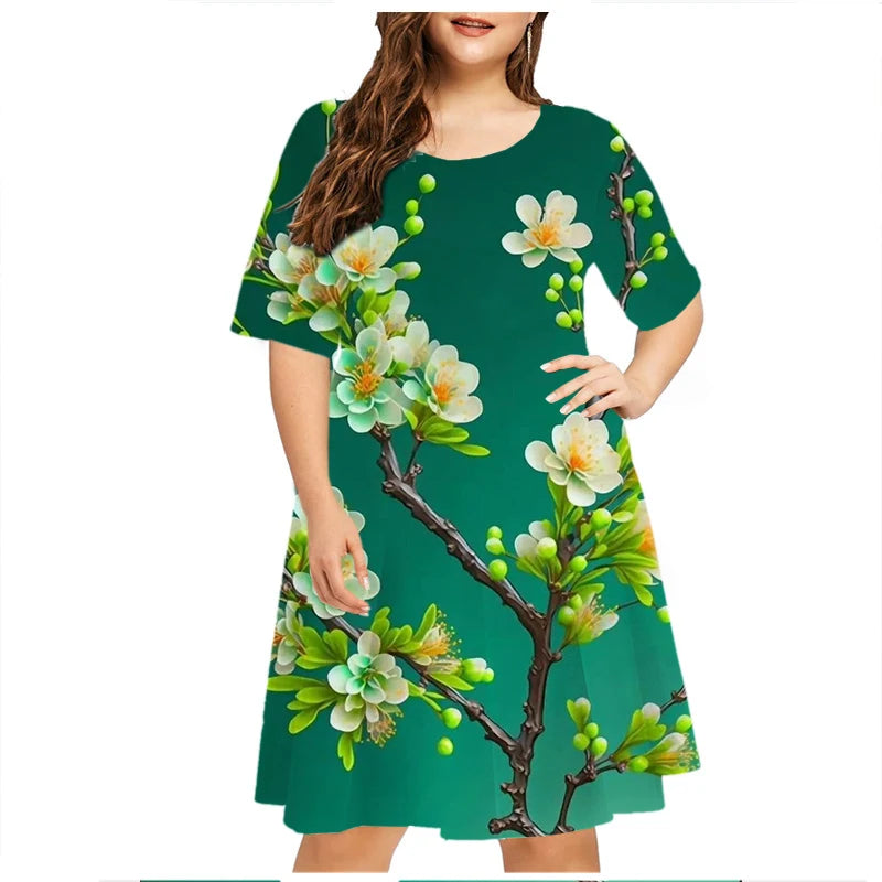 Gradient Blue Rose Flowers Print Dress Women Elegant Short Sleeve O-Neck Party Mini Dress Loose Plus Size Clothing 6XL Sundress