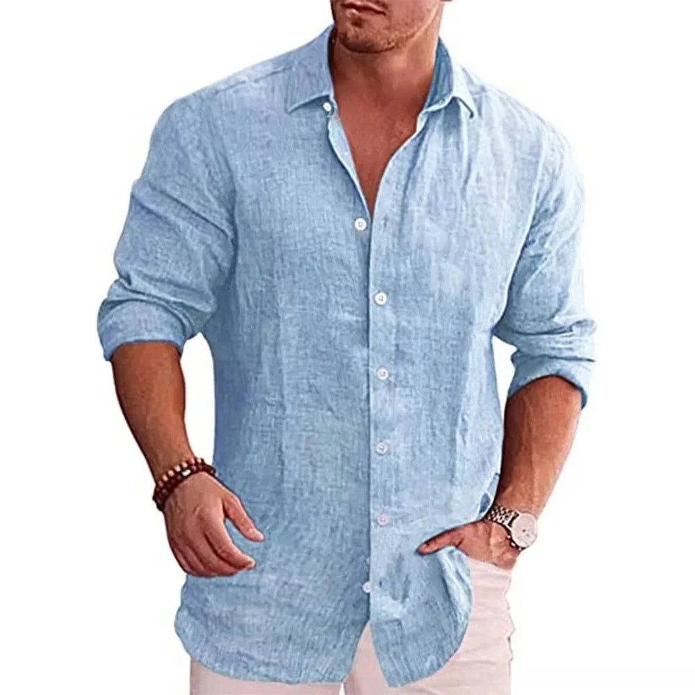 Camicia a maniche lunghe da uomo in lino di cotone autunno vendita caldo tinta unita stile casual camicia di lino casual da uomo taglie forti