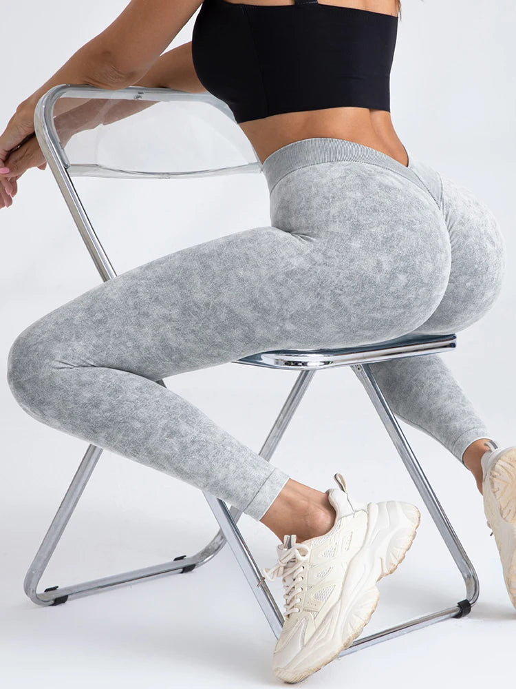 Push Up High Waist Sports Leggings Stretch Athletic Women Sexy Pants Seamless Sand Washed Denim Gym Leggings Femme