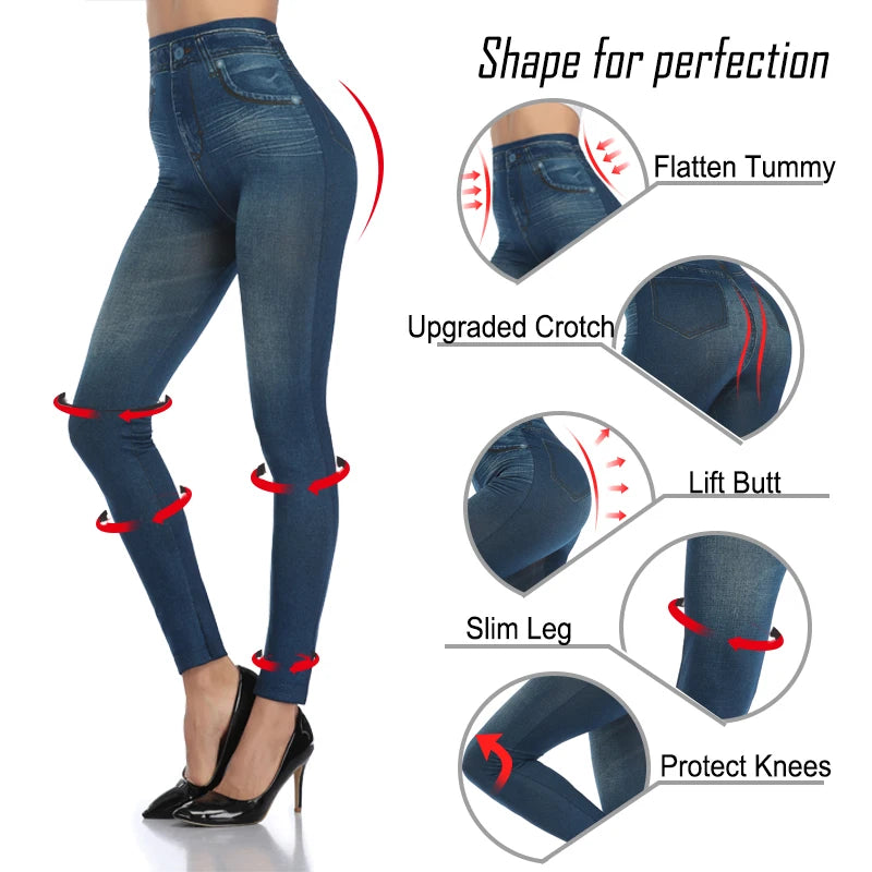 Leggings con stampa in denim sintetico a vita alta Pantaloni skinny sexy a matita da donna Pantaloni modellanti senza cuciture con controllo della pancia senza tasche 