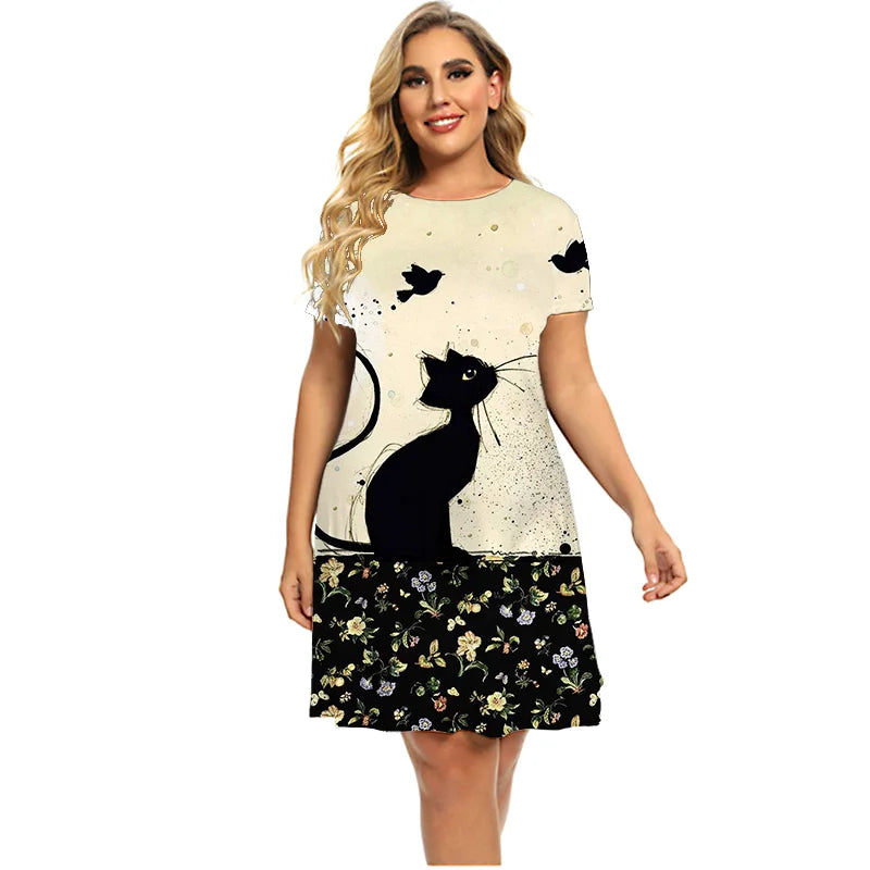 6XL Women Funny Cats Dress Fashion Short Sleeve Kawaii Dresses Lady 2022 Summer Clothing Casual O-Neck Loose Dress Plus Size 5XL