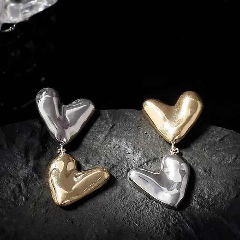 Asymmetrical Heart-shaped Metal Pendant Earrings European And American Style Personalized Fashion Stud Earrings Girls Jewelry