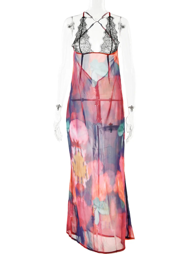 JULISSA MO Elegant Tie Dye Floral Chiffon Dress Summer Sexy Women Backless Lace Bodycon See Through 2023 Beach Party Vestidos