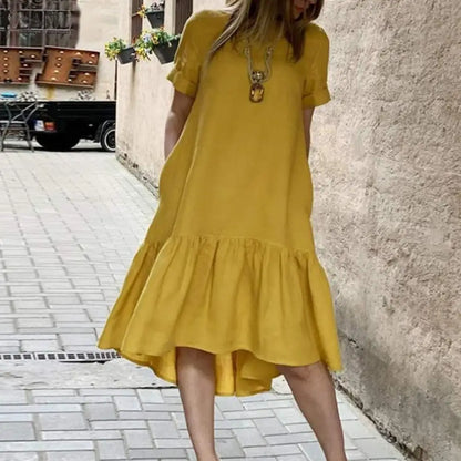 Solid Color Casual Dress Ruffle Hem Patchwork Women's Summer Dress O Neck Short Sleeves A-line Knee Length Casual Soft Daily