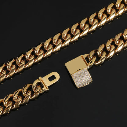 12mm Miami Mens Cuban Link Chain Necklace 316L Stainless Steel Gold Plated Necklace for Women with Full Iced Clasp