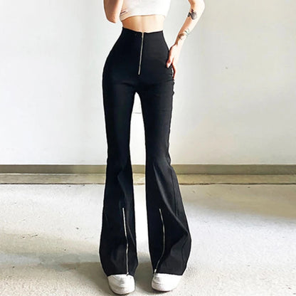 Black Flare Pants Women Zipper Skinny Y2k Streetwear Punk Casual Fashion