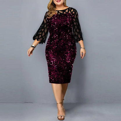 Bodycon Dress Beautiful Soft Evening Dress Sequins See-Through Mesh Patchwork Plus Size Lady Evening Dress Female Clothing