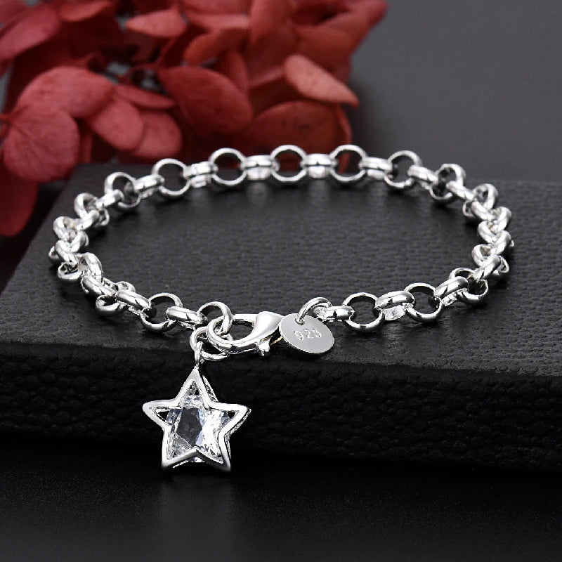 Popular Brands 925 Sterling Silver pretty Crystal Star necklace earring bracelet Jewelry set Women Fashion Wedding accessories