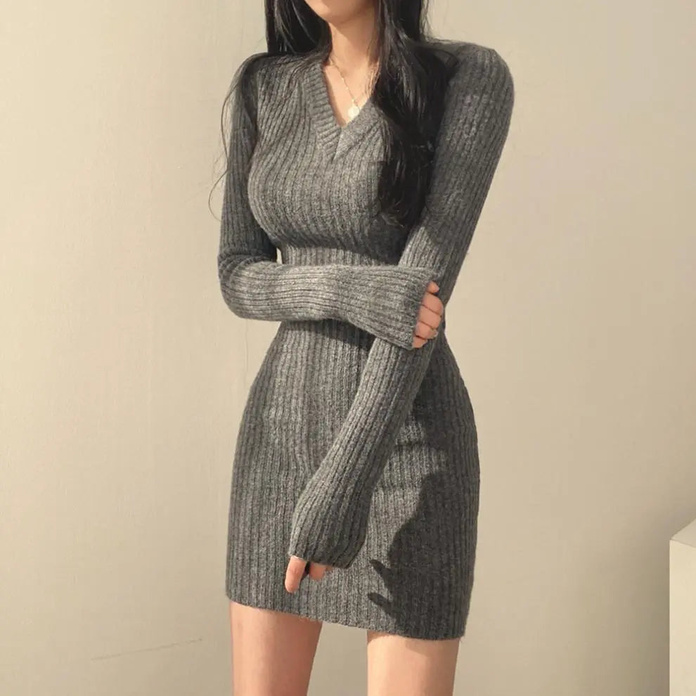 Women Retro Knitted Mini Bodycon Solid Color V-Neck Long Sleeve Sri sampi