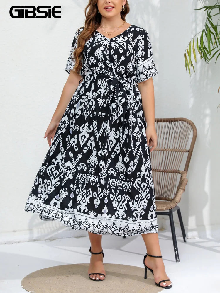 GIBSIE Plus Size stampa etnica con cintura maxi abito donna 2024 primavera estate manica corta vacanza Boho Beach abiti elastici a-line