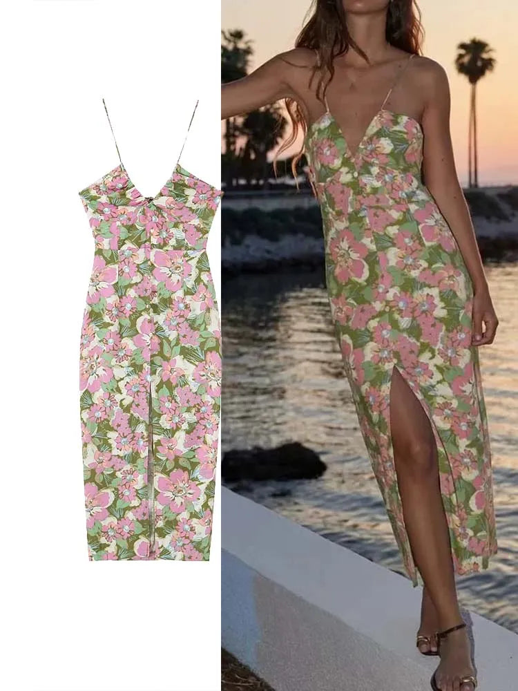 TRAF Print Slip Long Dresses for Women Corset Midi Female Dress Beach Backless Dress Women Thin Straps Summer Womens Dresses