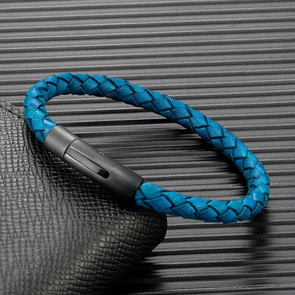 MKENDN Minimalist Men Genuine Braided Blue Leather Bracelet Matte Black Stainless Steel Magnetic Buckle Jewelry Homme Pulseras