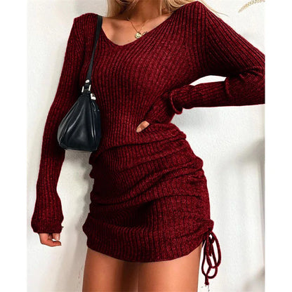 Women Autumn Winter Solid Knitted Mini Dress V Neck Long Sleeve Casual Fall Grey Drawstring Slim Bodycon Party Dresses Female