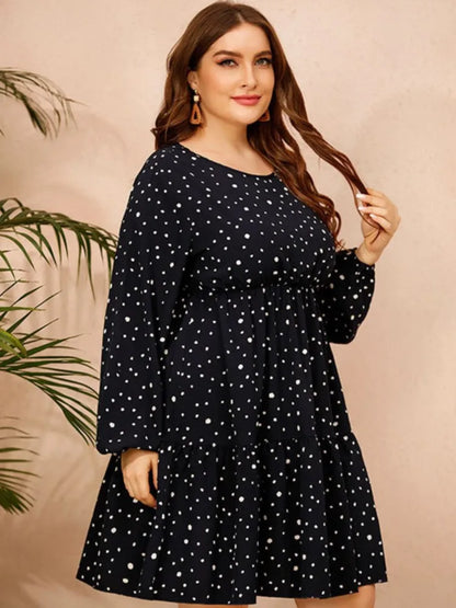 Plus Size Autumn Midi Dress Women Long Sleeve Polka Dot Casual Ladies Dresses Loose Fashion Pleated Woman Dress 2023