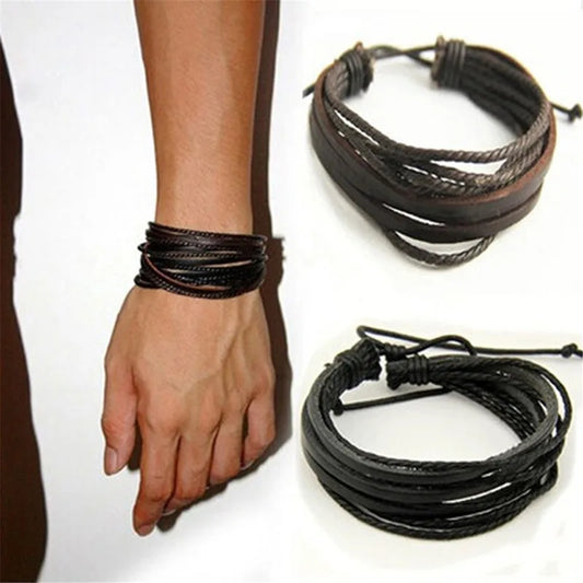 Leisure Fashion Men's Hand-woven Multilayer Leather Bracelet Handmade Lace Up Wrist Strap Ethnic Style Jewelry For Male Femal