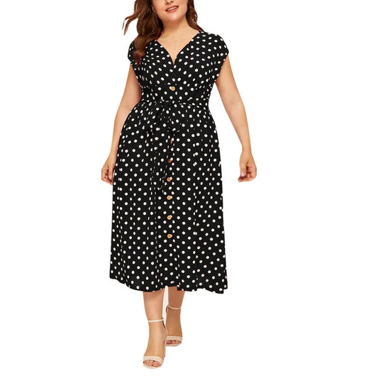 Plus Size Dresses Women Elegant Dot Print Casual Black Midi Dress Woman V-Neck Button Summer Vestidos Outfits 4XL 5XL