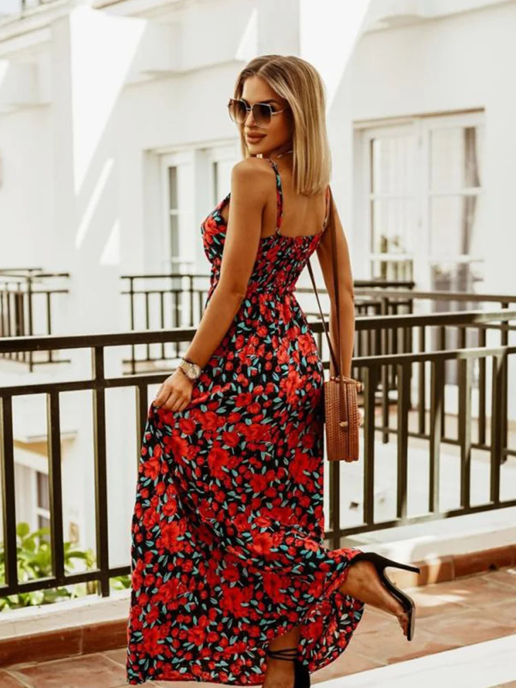 2023 Summer Ladies Beach Casual Backless Long Dress Women's Robe Suspenders Sexy Thin Straps Floral Boho Long Dress Women