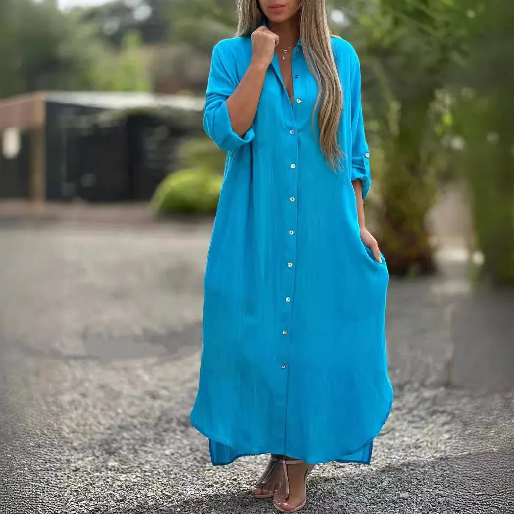 Elegant Women's Blue Cotton And Linen Collar Button Up Shirt Long Dress Women's Fashionable Casual Long Sleeved Cardigan Dresses