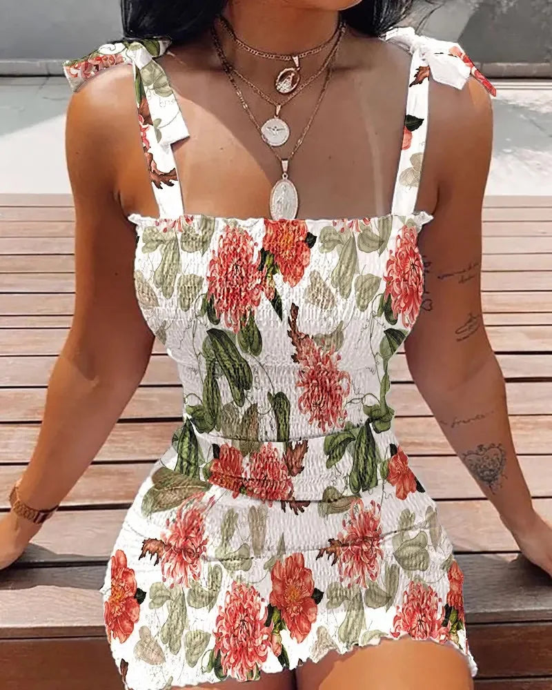 Women Elastic Waist Pleated Dress Summer Sleeveless Off The Shoulder Floral Print Bodycon Party Dresses SZE-1930