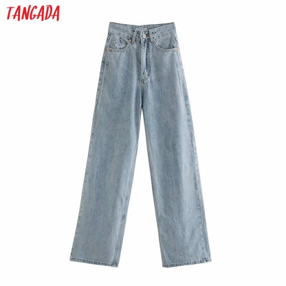 Tangada 2024 Women High Waist Overlength Jeans Pants Trousers Pockets Zipper Female Wide Leg Denim Pants 4M520