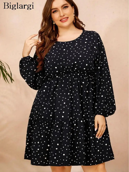 Plus Size Autumn Midi Dress Women Long Sleeve Polka Dot Casual Ladies Dresses Loose Fashion Pleated Woman Dress 2023