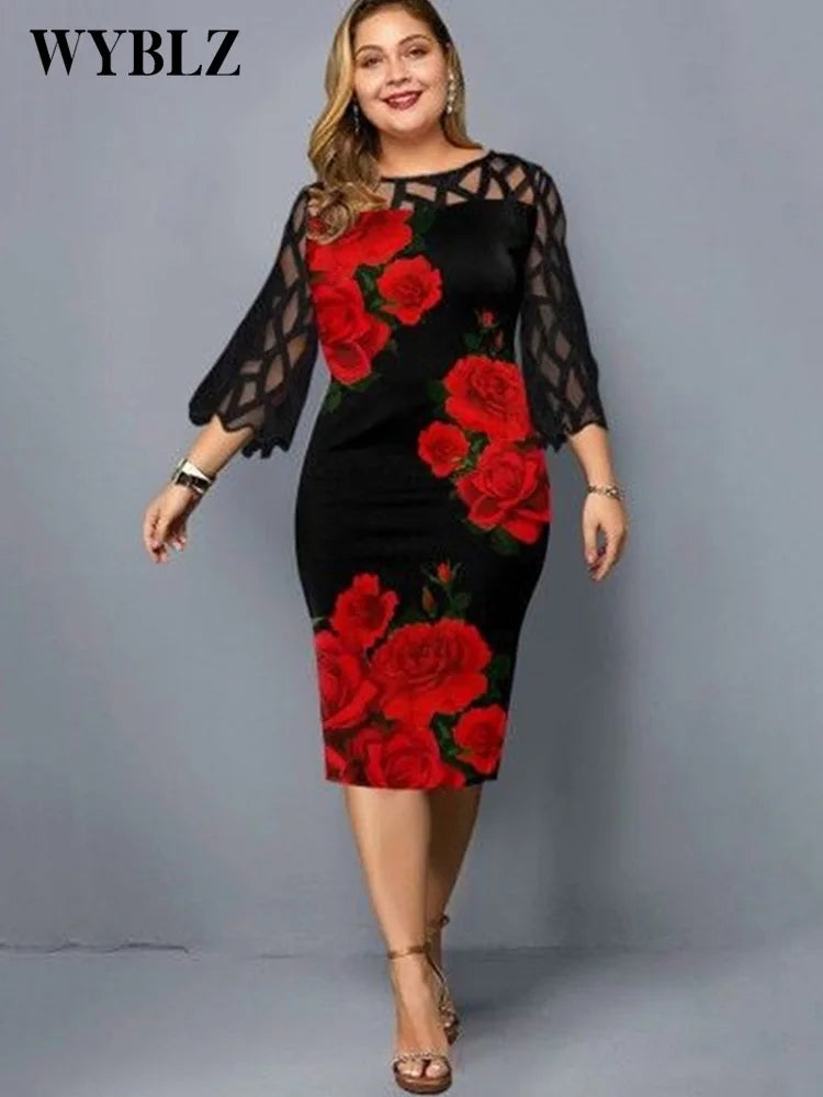 Plus Size Dresses for Women 4xl 5xl Elegant Green Geometric Print Party Dress Woman Layered Sleeve Evening Club Midi Dresses