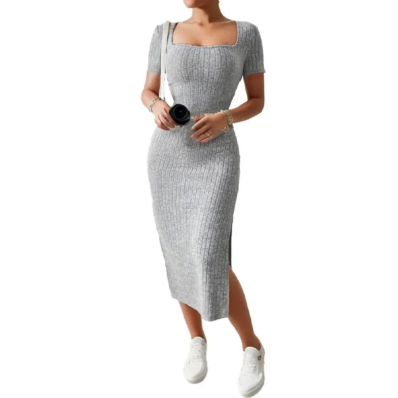 Summer Square Neck, Hip-Hugging Mid-Length Skirt, Short-Sleeved, Versatile Knitted Slit Dress