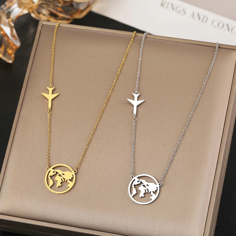 Stainless Steel Necklaces Airplane Globe Map Traveler Pendants Fashion Choker Chains Charms Male Necklace For Women Jewelry Gift