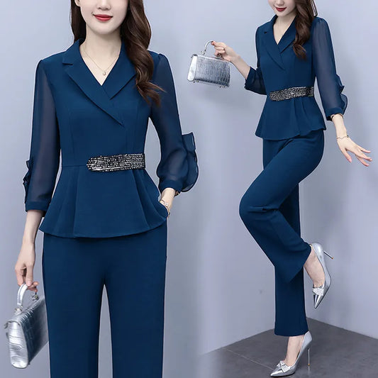 Fashion Oversize Women Pants Set For Spring Autumn 2023 New Elegant Slim Solid Turn Collar Office Lady 2 Pieces Outfits Pantsuit