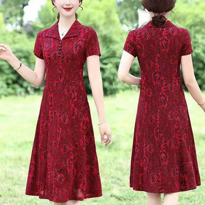 Women Long Dress Floral Printed V Neck Midi Dress for Middle-aged Women with Short Sleeves A-line Knee Length Spring Fall - Sri sampi