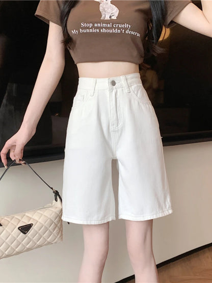 High Waist Shorts Women Summer Knee Length Pockets Casual Solid Simple Korean Style Streetwear School Trousers All-match Fashion