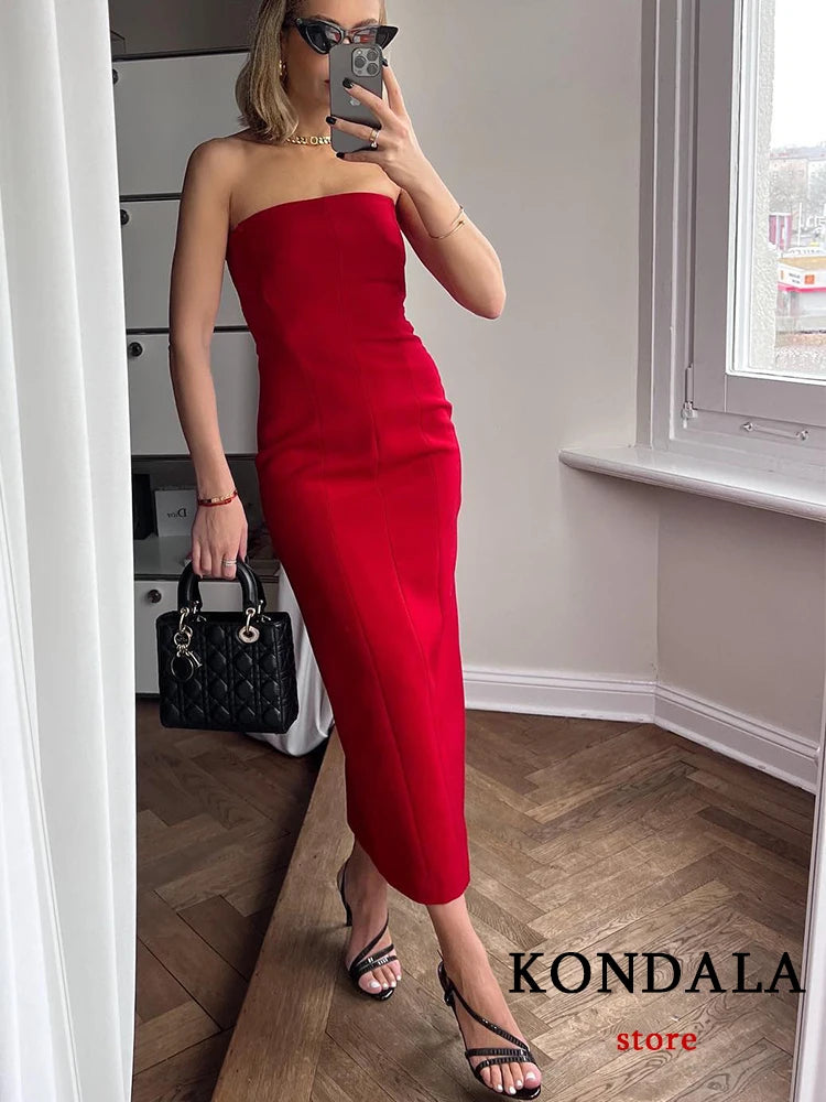 KONDALA Sexy Chic Red Party Long Dress Women Strapless Pleated Back Split Summer Dress Fashion 2023 Elegant Corset Women Dress