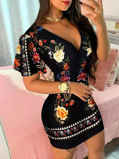 Summer Elegant Floral Print Bodycon Mini Dress Women 2023 Fashion Sexy Deep V-neck Package Hip Dresess Office Lady Party Dress